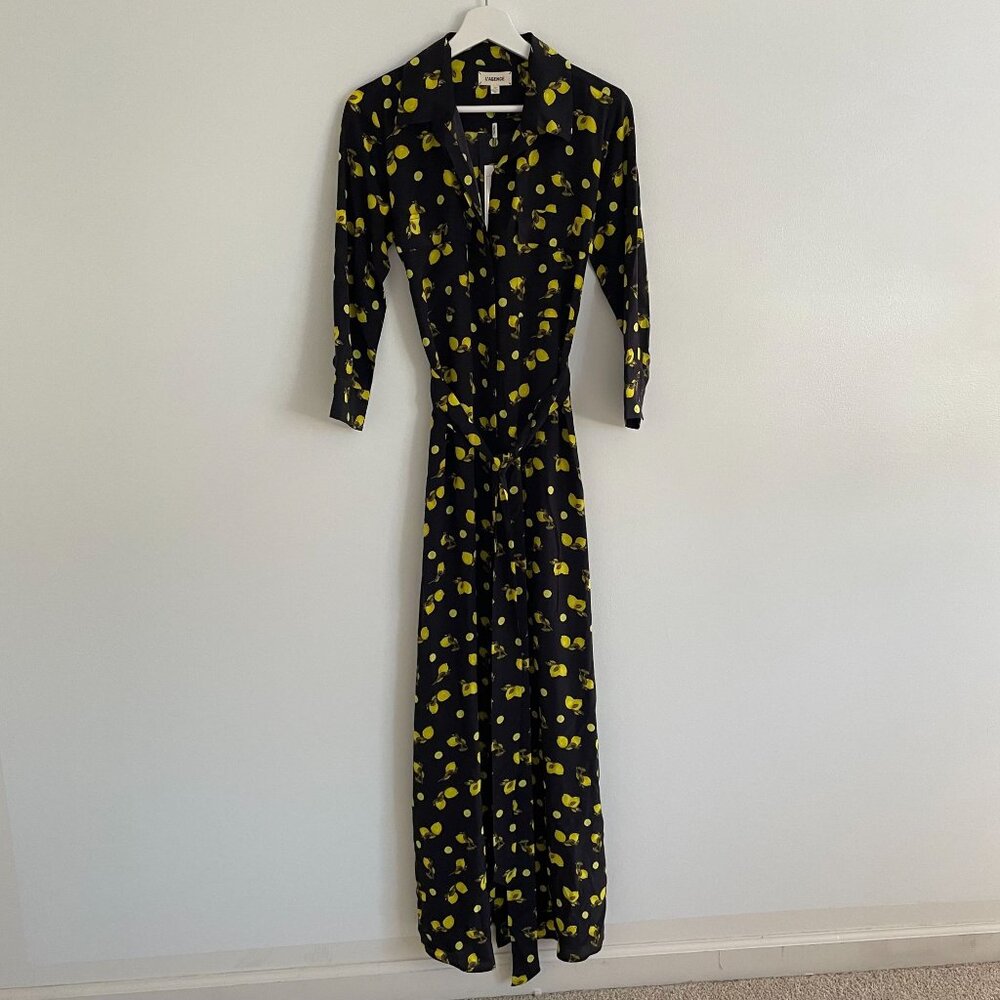 L'Agence Lemon Print Cameron Long Maxi Shirt Dress Silk Sz XS